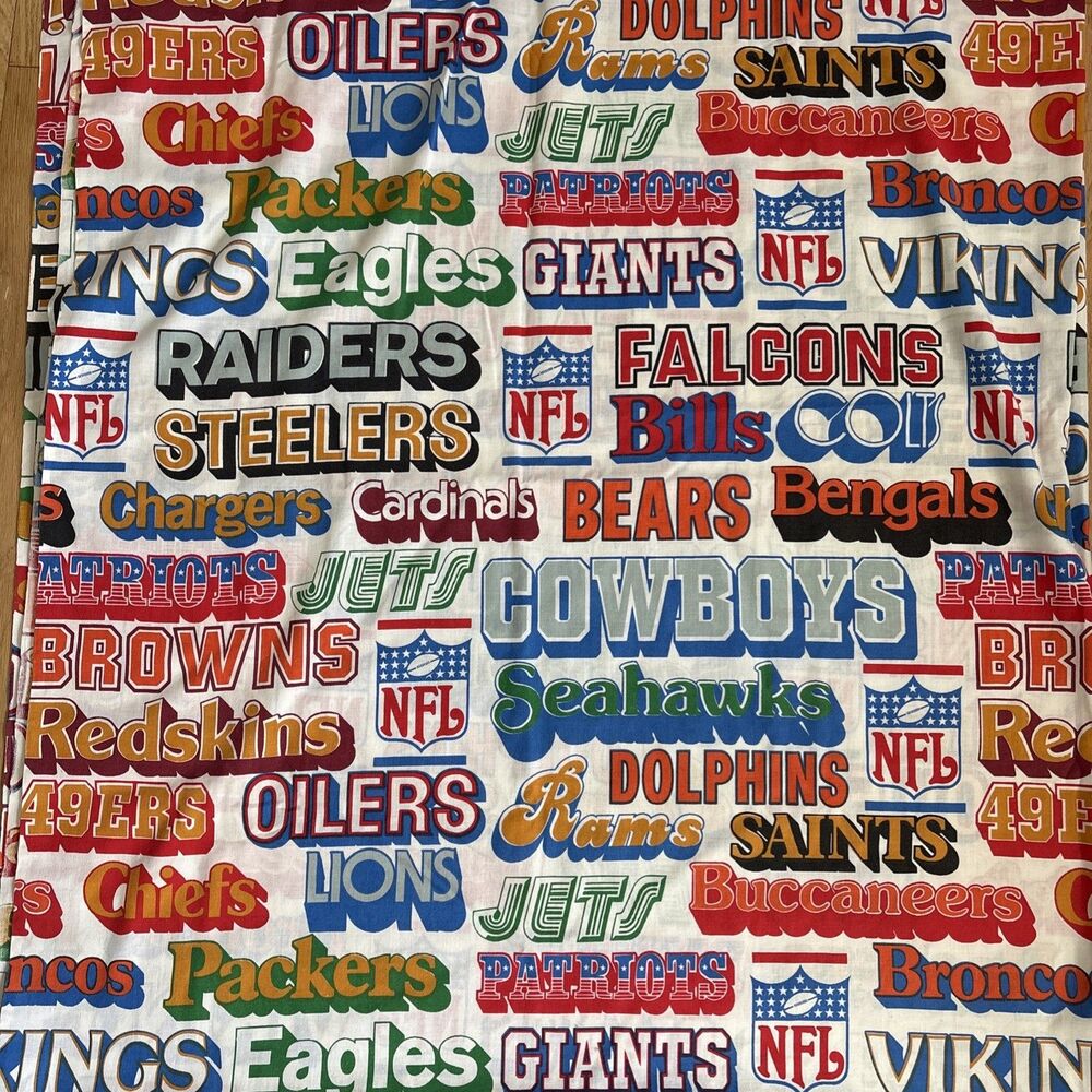 VTG NFL Twin Flat Sheet All Over Print BIBB Football Teams Funky Retro Fabric